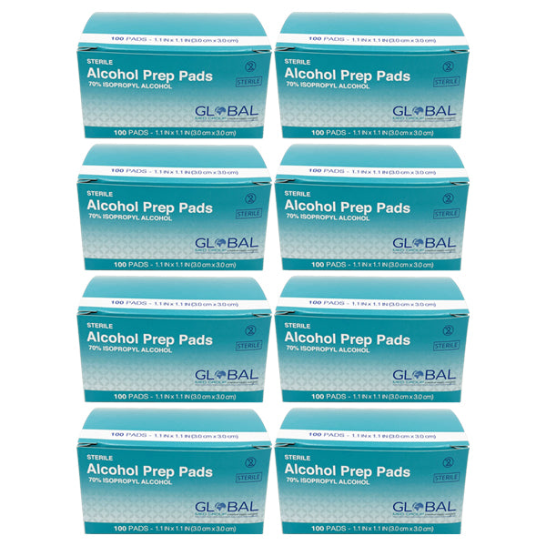 Eight packs of Global Med Group sterile alcohol prep pads, each with 100 antiseptic pads (70% isopropyl, 3x3cm), are stacked together—totaling 800 pads.